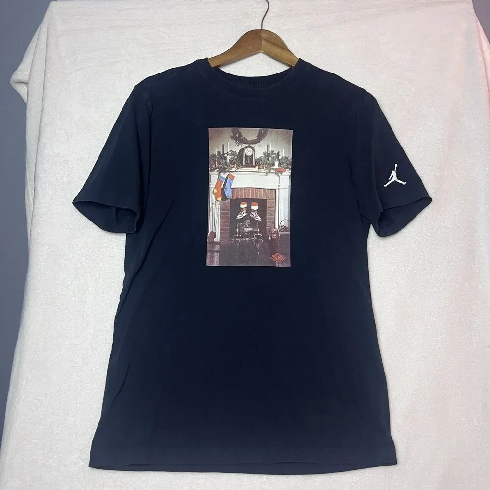 Jordan AJ1 Christmas Fireplace Graphic T Shirt Men S Black Holiday Streetwear
